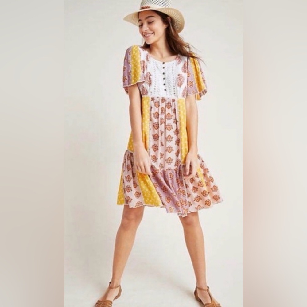 Anthropologie Boho Patchwork Babydoll Mini Dress Mustard Prairie Cottagecore